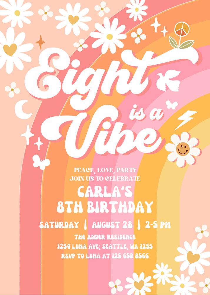 Editable 8th Birthday Invitation | Groovy Eight is a Vibe Daisy Invite Canva