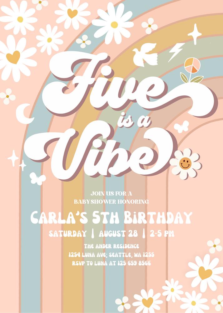 Groovy 5th Birthday Invitation | Five is a Vibe Daisy Pastel Blue Peach Canva