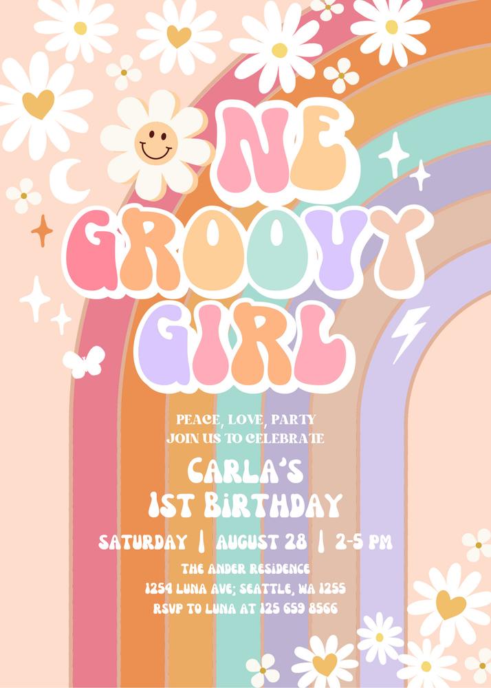 One Groovy Girl 1st Birthday Invite | Retro Daisy Rainbow Canva Template