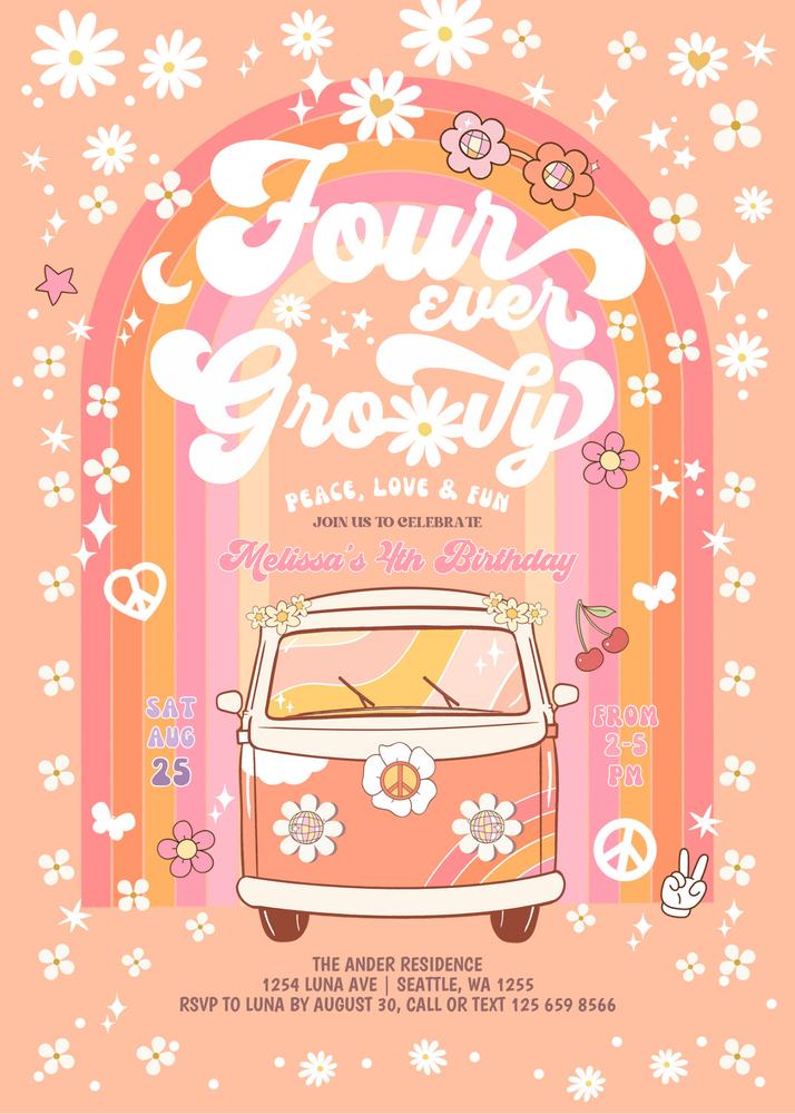 Editable Four Ever Groovy 4th Birthday Invitation - Retro Van & Daisy DIY