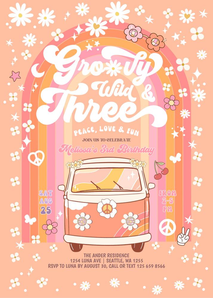 Wild & Three Groovy Van Birthday Invite | Editable Canva Daisy Hippie Template