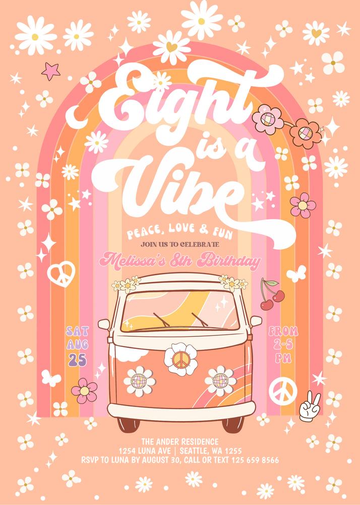 Eight is a Vibe Retro Van Birthday Invite | Groovy 8th Birthday Canva Template