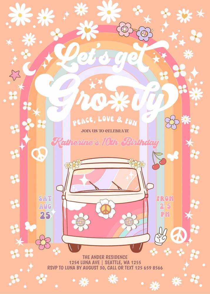 Editable Groovy Van Birthday Invite | Retro Daisy Hippie 70s Rainbow Template
