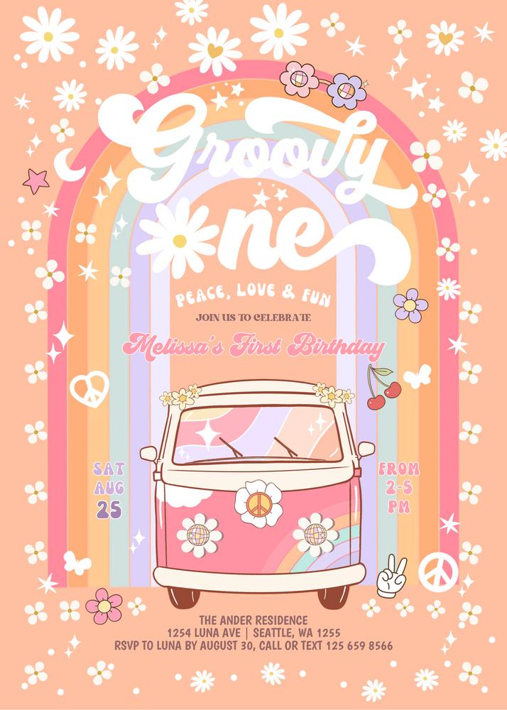 Groovy One 1st Birthday Invite | Editable Daisy Hippie Van Canva Template