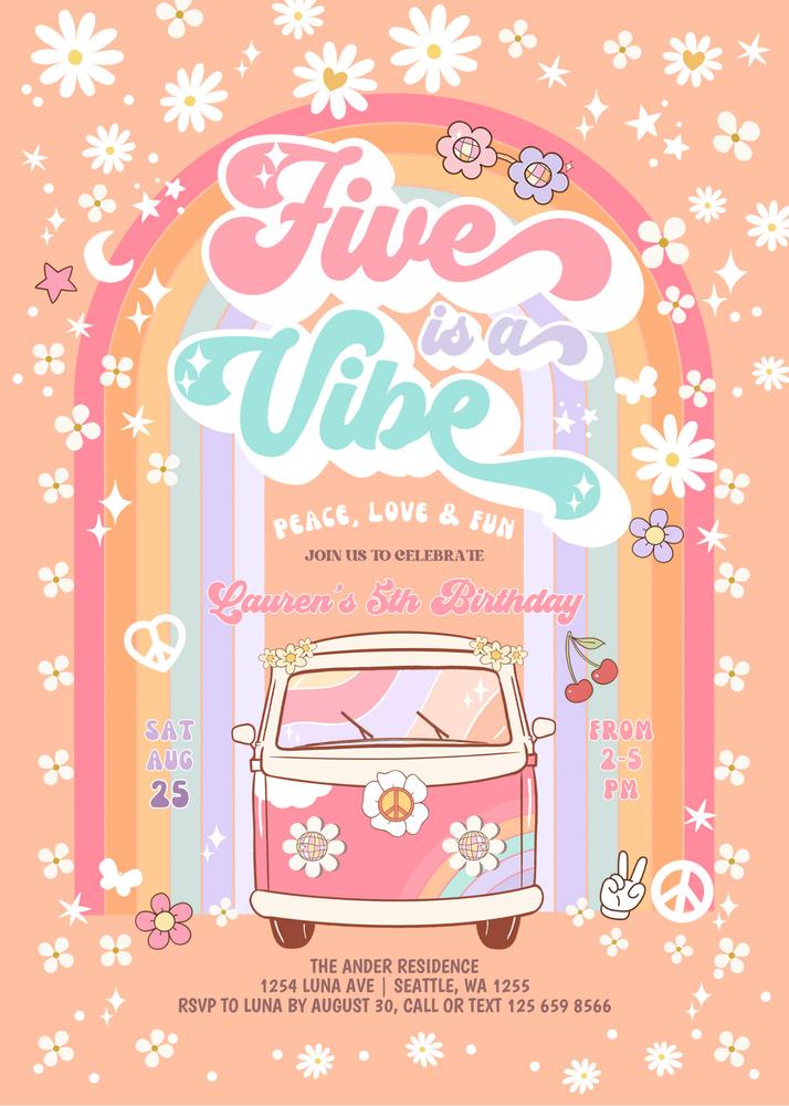 Editable Groovy FIVE is a Vibe 5th Birthday Invite | Retro Daisy Canva Template