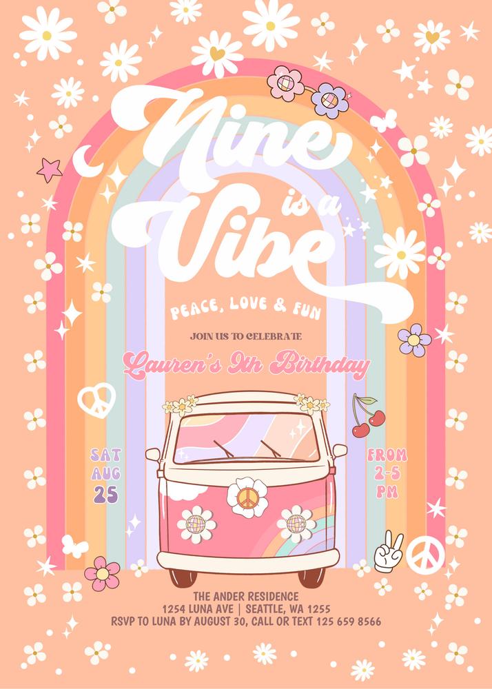 Groovy Nine is a Vibe 9th Birthday Invite | Daisy & Retro Van Canva Template
