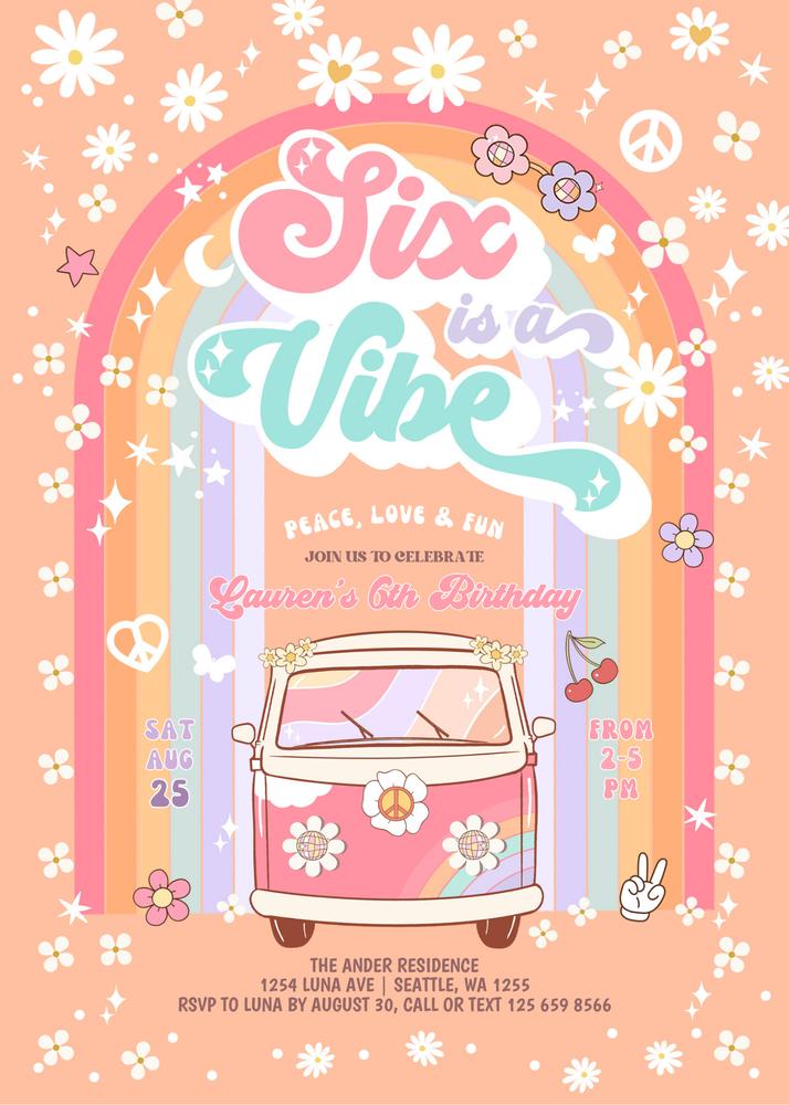 Six is a Vibe 6th Birthday Invitation | Editable Daisy Groovy Van Canva Template