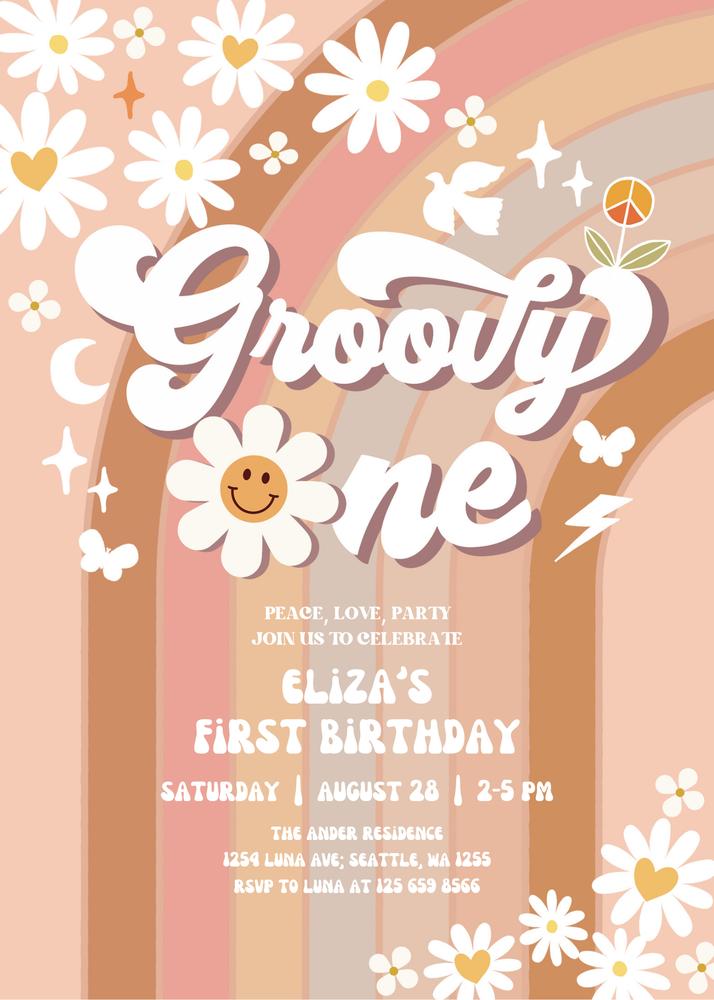 Retro Daisy Rainbow 1st Birthday Invitation | Groovy One Canva Template