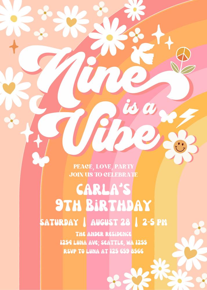 Groovy 9th Birthday Invitation | Editable NINE is a Vibe Daisy Invite Template