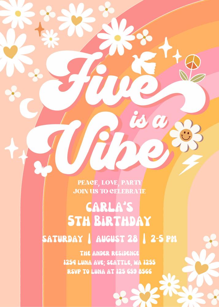 Five is a Vibe 5th Birthday Invite | Pink & Peach Groovy Retro Daisy Template