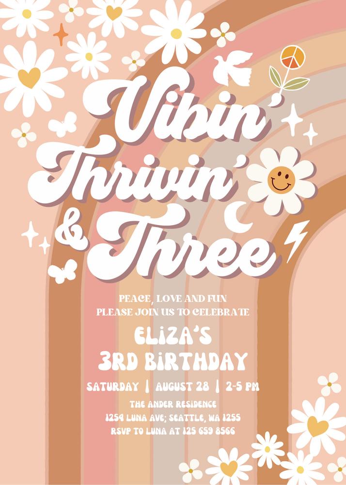Groovy 3rd Birthday Invitation | Retro Daisy & Rainbow Canva Template