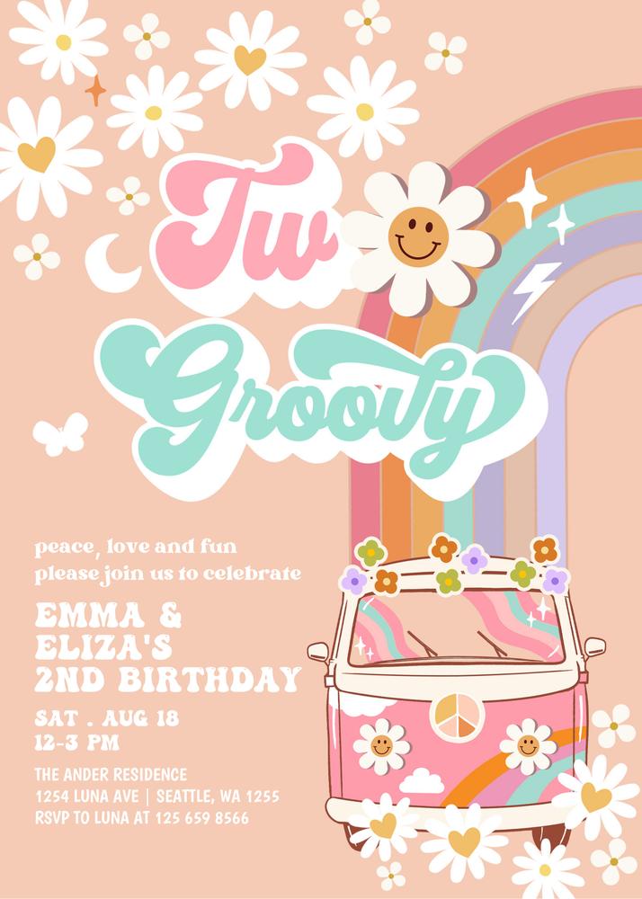 Two Groovy 2nd Birthday Invitation | Editable Canva Pink Daisy Hippie Invite