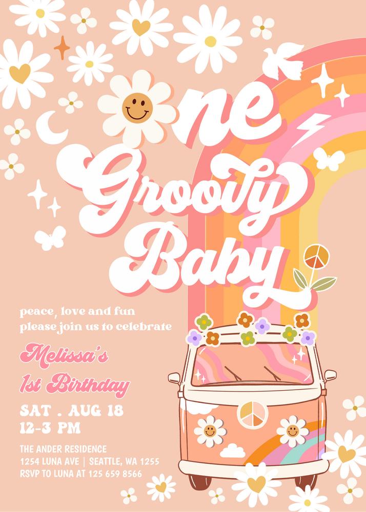 Editable Groovy One Birthday Invitation | Pink & Peach Daisy Retro Invite