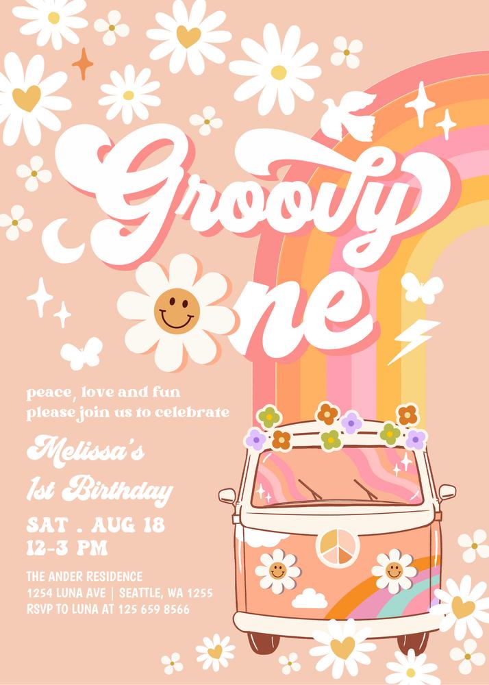 Groovy One Birthday Invite | Editable Peach Daisy & Van 1st Birthday Template