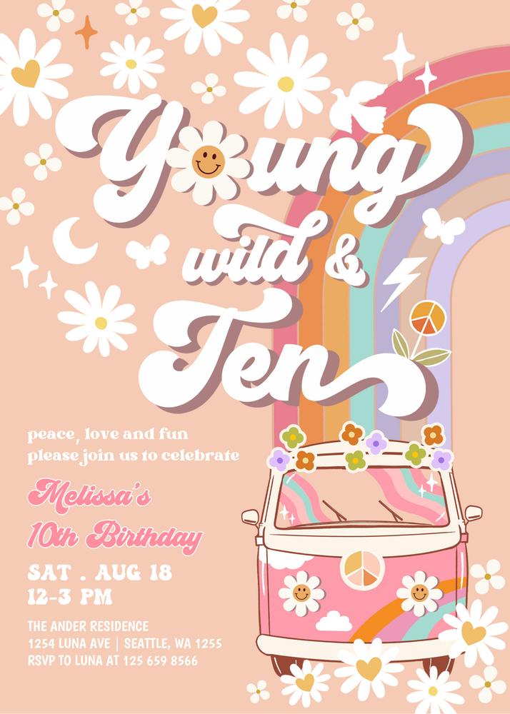 Groovy Young Wild and Ten Birthday Invite | 10th Birthday Canva Template