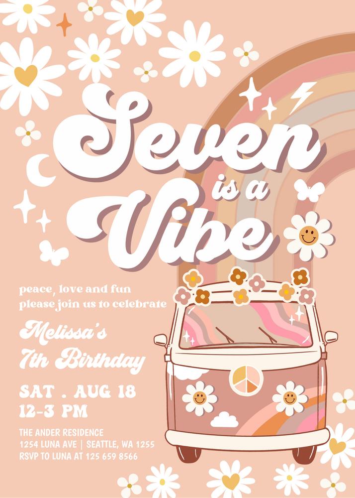 Seven is a Vibe Birthday Invite | Groovy Daisy & Van Canva Template