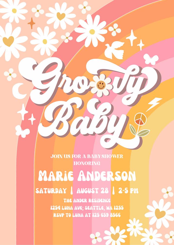 Groovy Retro Baby Shower Invitation | Editable Pink & Orange Daisy Template