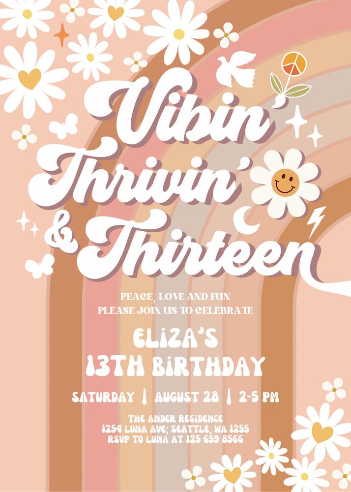 Groovy 13th Birthday Invitation | Daisy Rainbow Canva Template | Vibin & Thrivin