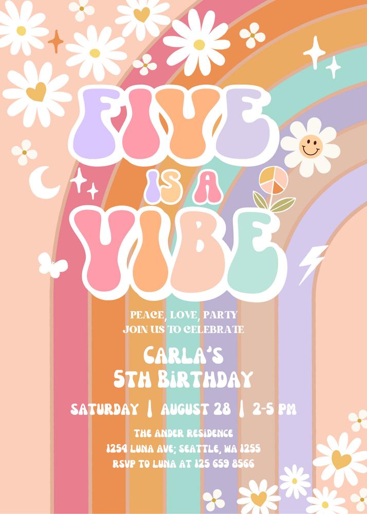 Editable Five is a Vibe Birthday Invite | Retro Daisy Groovy 5th Party Template