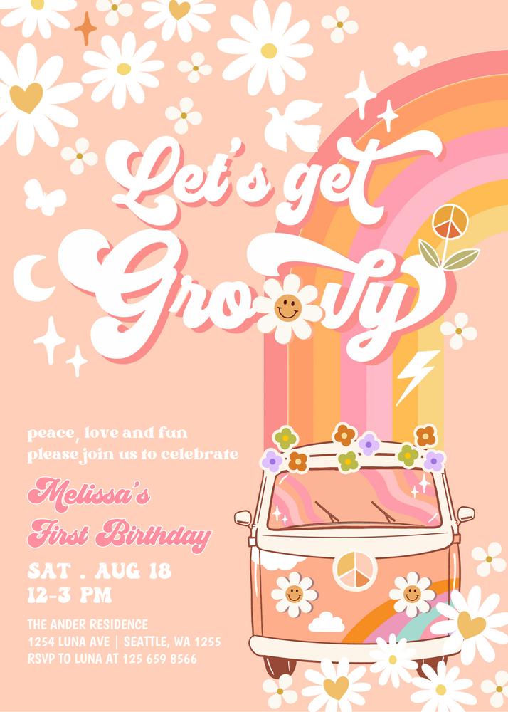 Groovy Retro Birthday Invitation | Editable Pink Peach Hippie Daisy Invite