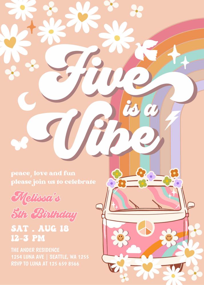 Groovy 5th Birthday Invitation | Editable Pink Daisy Rainbow Canva Template