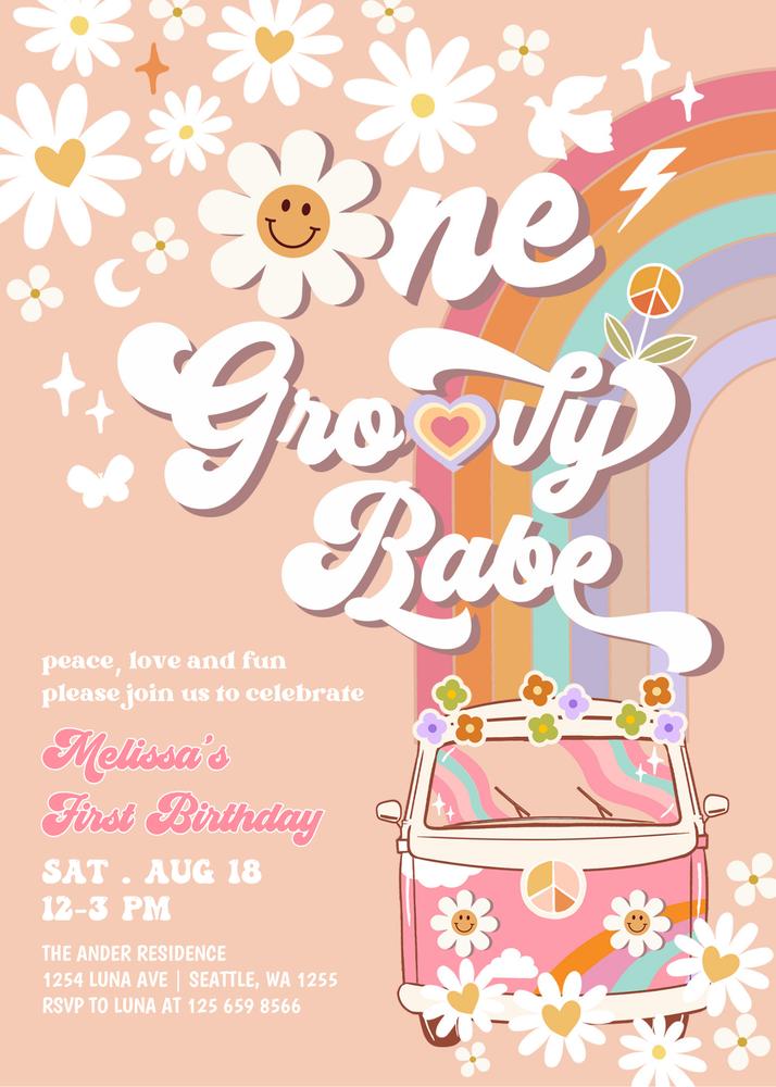 Pink Groovy One Birthday Invite | Editable Canva Daisy Hippie Template