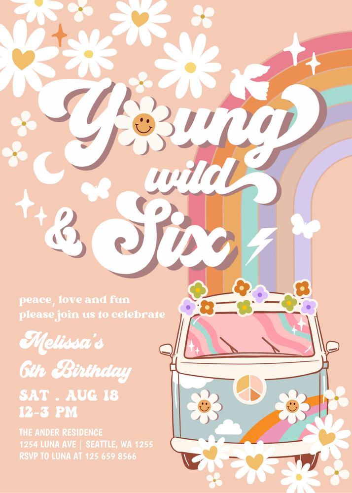 Young Wild and Six 6th Birthday Invite | Blue Retro Van Canva Template