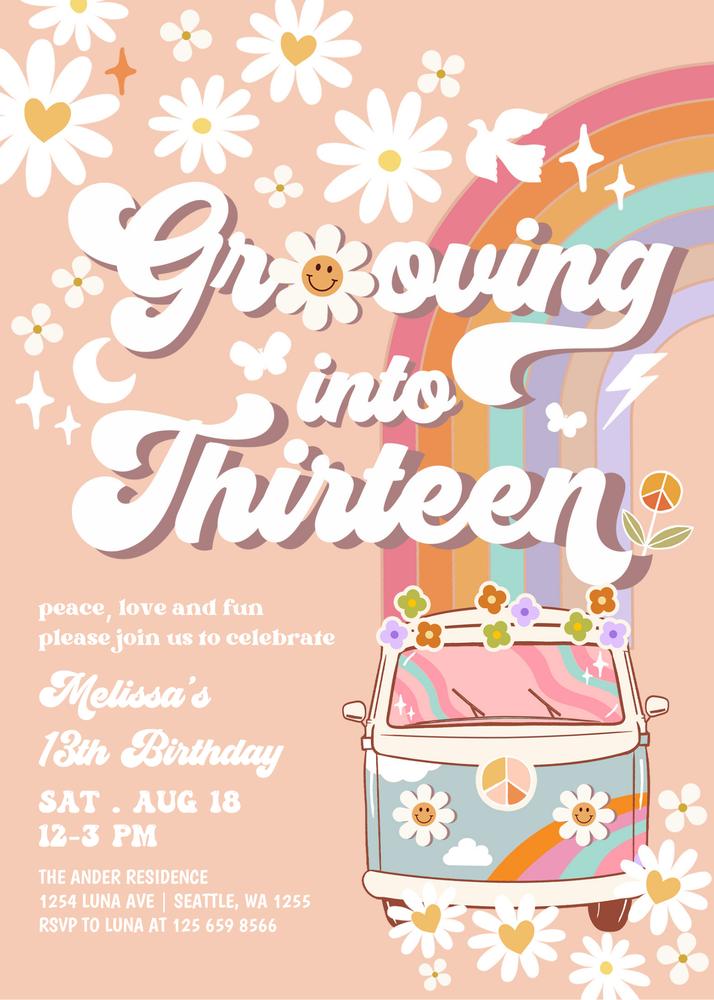 13th Birthday Groovy Van Invitation | Editable Blue Daisy Hippie Party Template