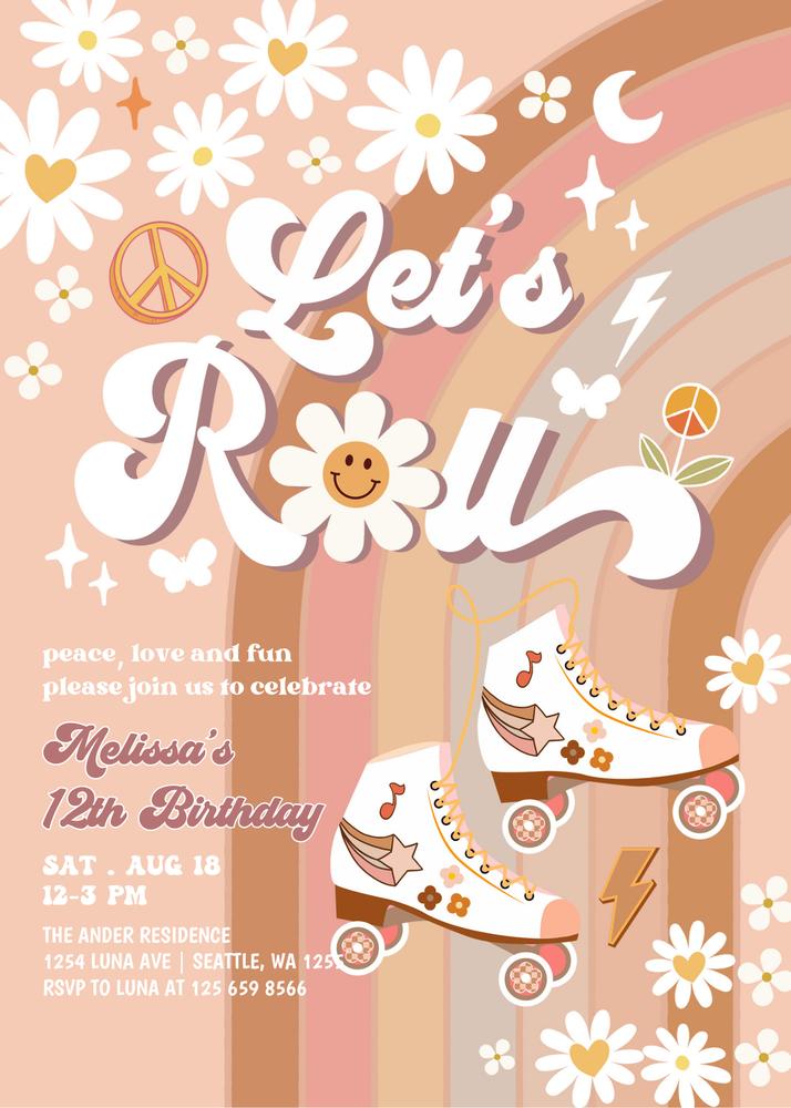 Retro Groovy Roller Skate Birthday Invitation | Editable Canva Template