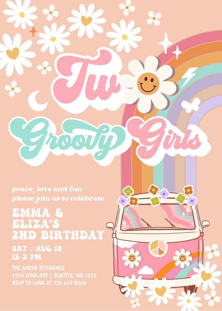 Two Groovy Twins Birthday Invitation | Editable Pink Daisy Canva Template