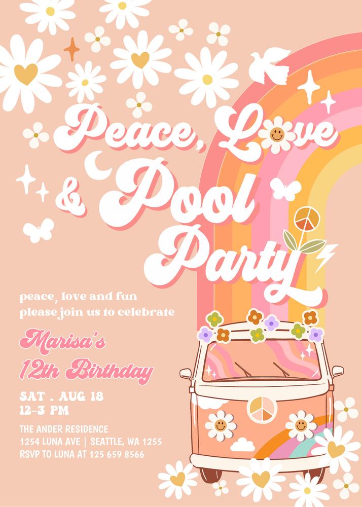 Editable Peach Pink Groovy Van Pool Party Birthday Invite | Retro Daisy Template