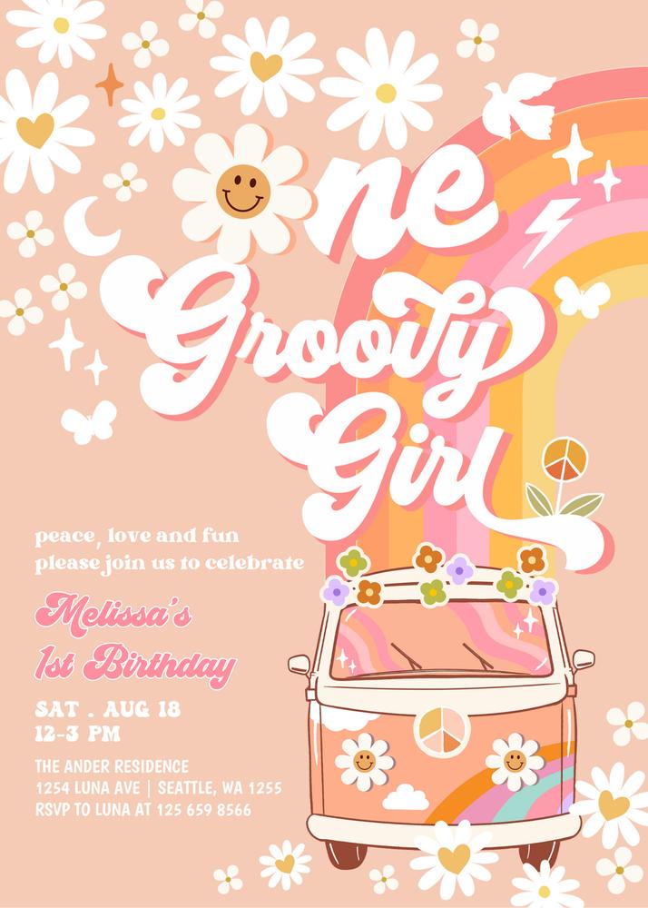 Pink Peach Groovy One Girl 1st Birthday Invitation Canva Template