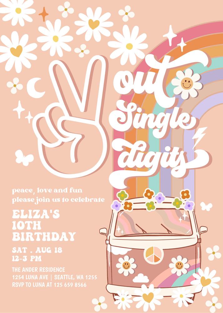Rainbow Peace Out Single Digits 10th Birthday Invite | Groovy Canva Template
