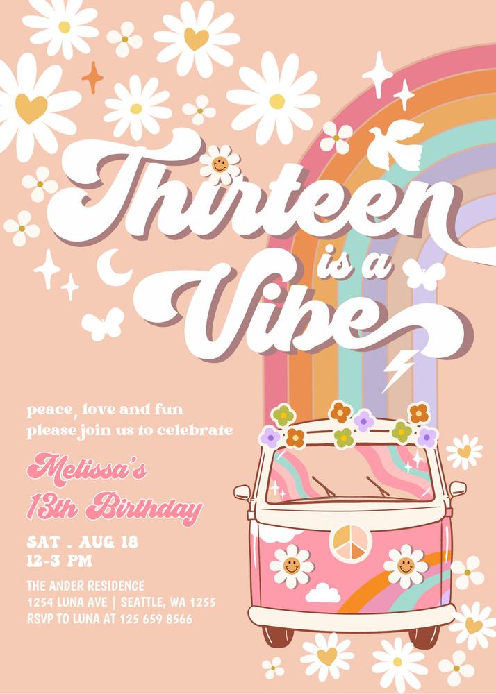 Thirteen is a Vibe Birthday Invitation | Editable Groovy Hippie Van Template