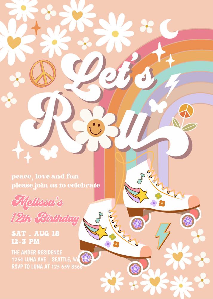 Editable Retro Roller Skate Birthday Invite | Groovy Daisy Canva Template