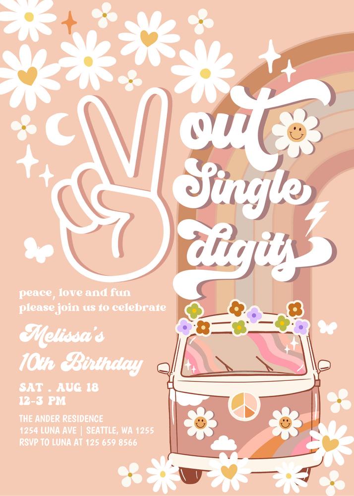 Peace Out Single Digits 10th Birthday Invite | Groovy Retro Daisy Canva Template