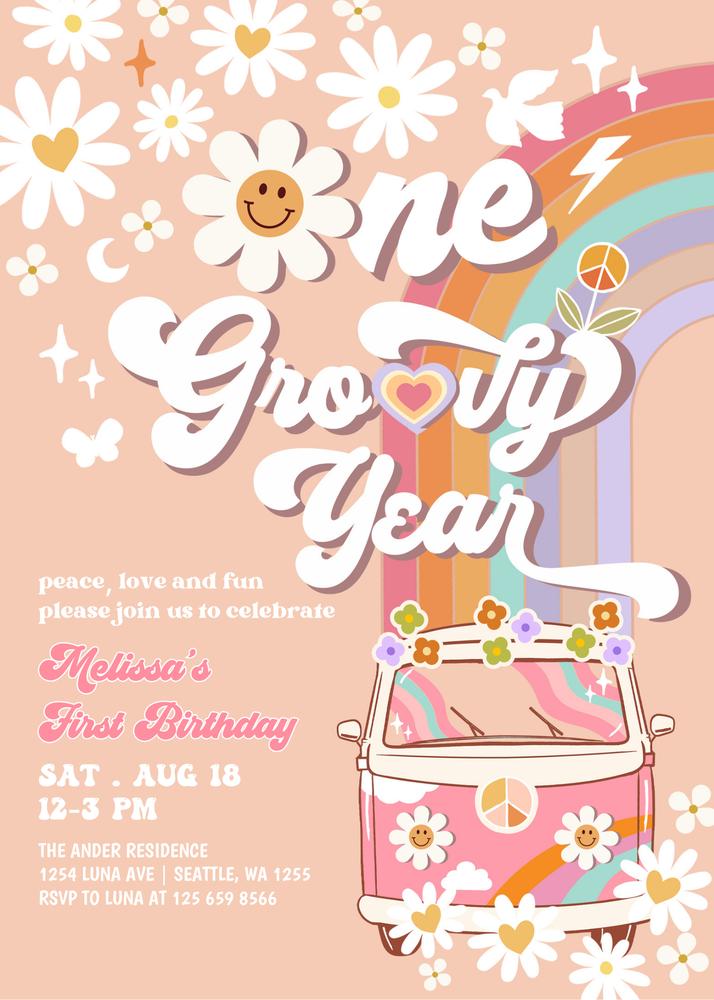 Pink Groovy One 1st Birthday Invite | Editable Daisy Van Retro Canva Template
