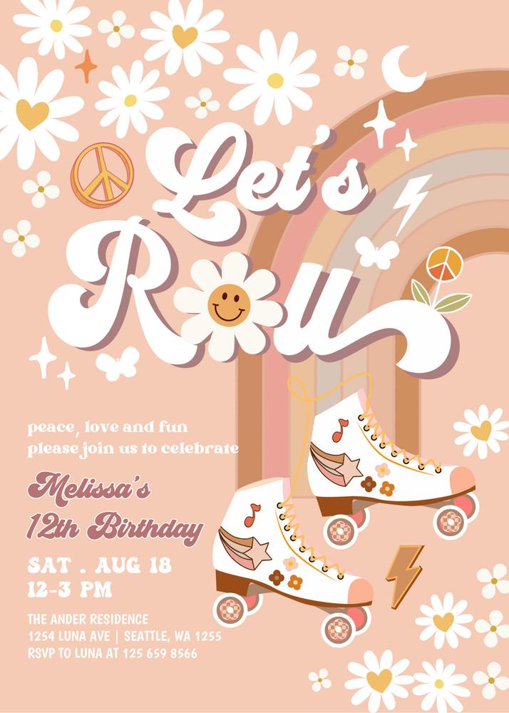 Editable Retro Groovy Roller Skate Birthday Invitation | Canva Template
