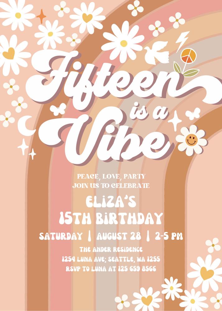 Fifteen is a Vibe Birthday Invite | Daisy Retro 15th Birthday Canva Template