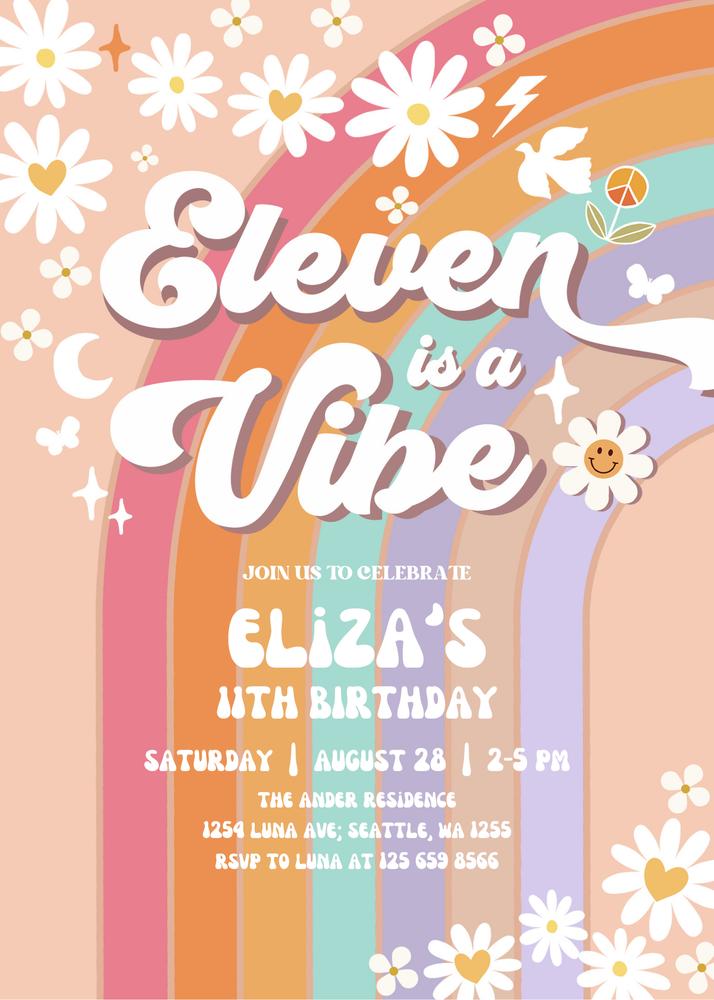 11th Birthday Groovy Daisy Invite | Eleven is a Vibe Canva Template