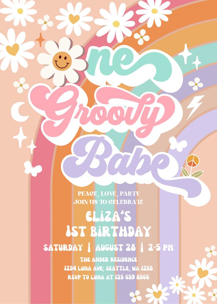 One Groovy Babe 1st Birthday Invitation | Daisy Retro Hippie Canva Template