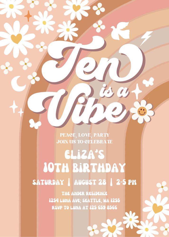 10th Groovy Birthday Invitation | Editable Daisy & Rainbow Hippie Invite