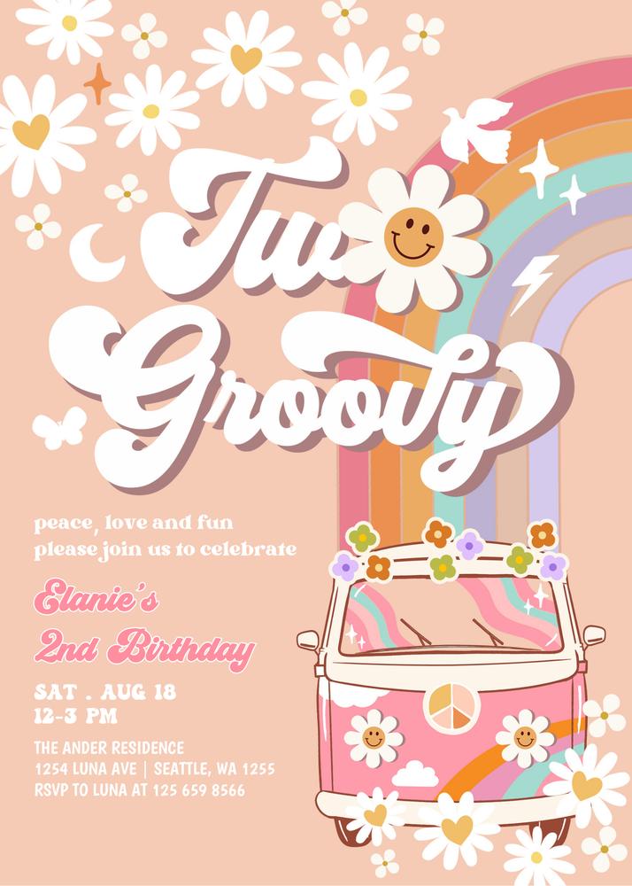 Two Groovy 2nd Birthday Invitation | Editable Canva Pink Daisy Hippie Invite