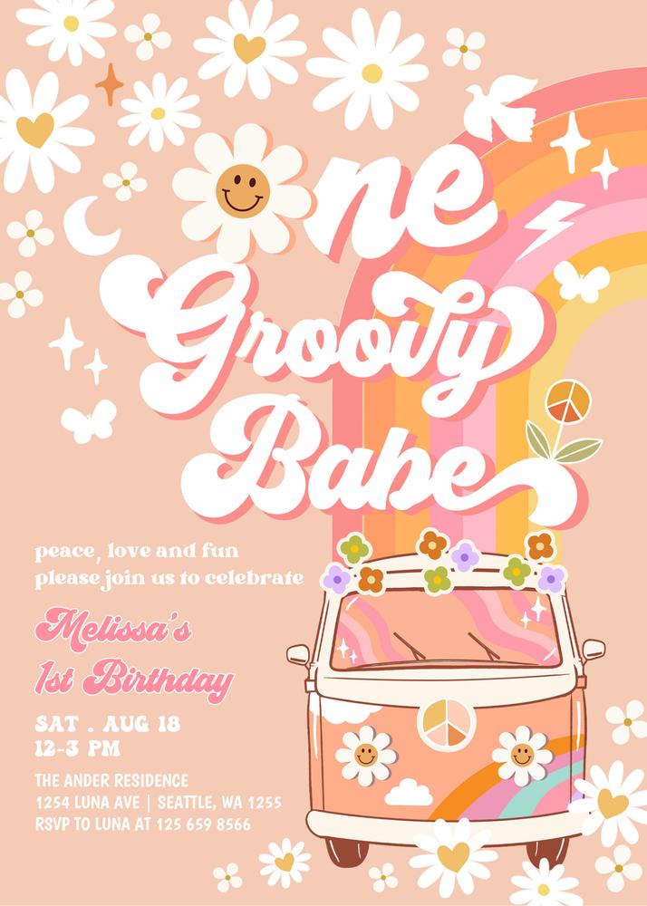 Groovy One First Birthday Invitation | Pink Peach Daisy Editable Canva Template