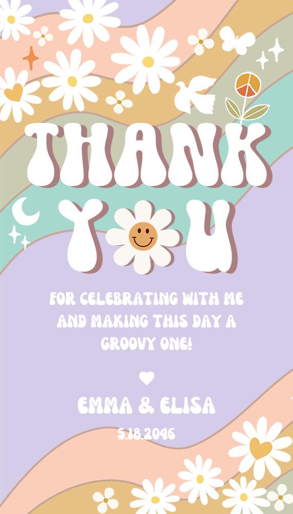 Editable Two Groovy Birthday Favor Tags | Daisy Rainbow Thank You Label