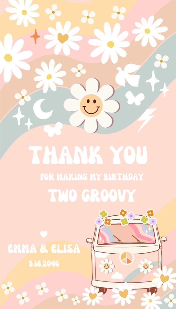 Pastel Daisy Rainbow Groovy Two Birthday Favor Tag & Invite Canva Template