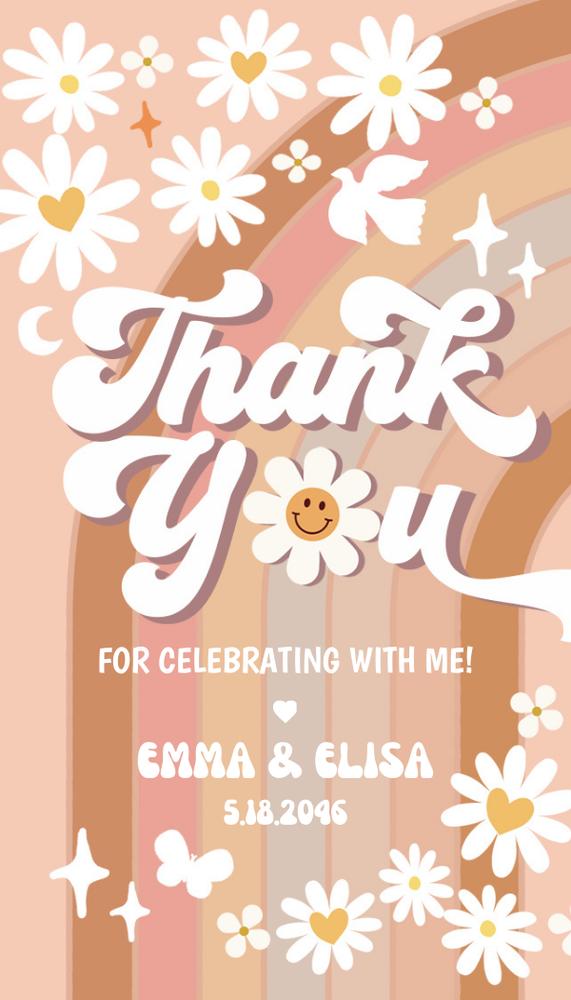 Editable Daisy Groovy Birthday Favor Tag Template | Boho Rainbow Thank You Label