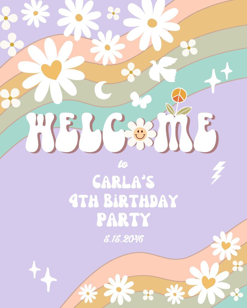 Editable Groovy Birthday Welcome Sign | Purple Pink Mint Daisy Party Decor