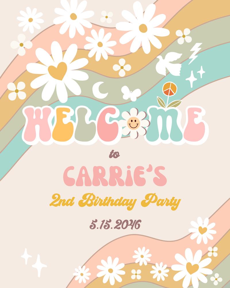 Editable Retro Daisy Birthday Welcome Sign - Green & Peach Groovy Party Decor