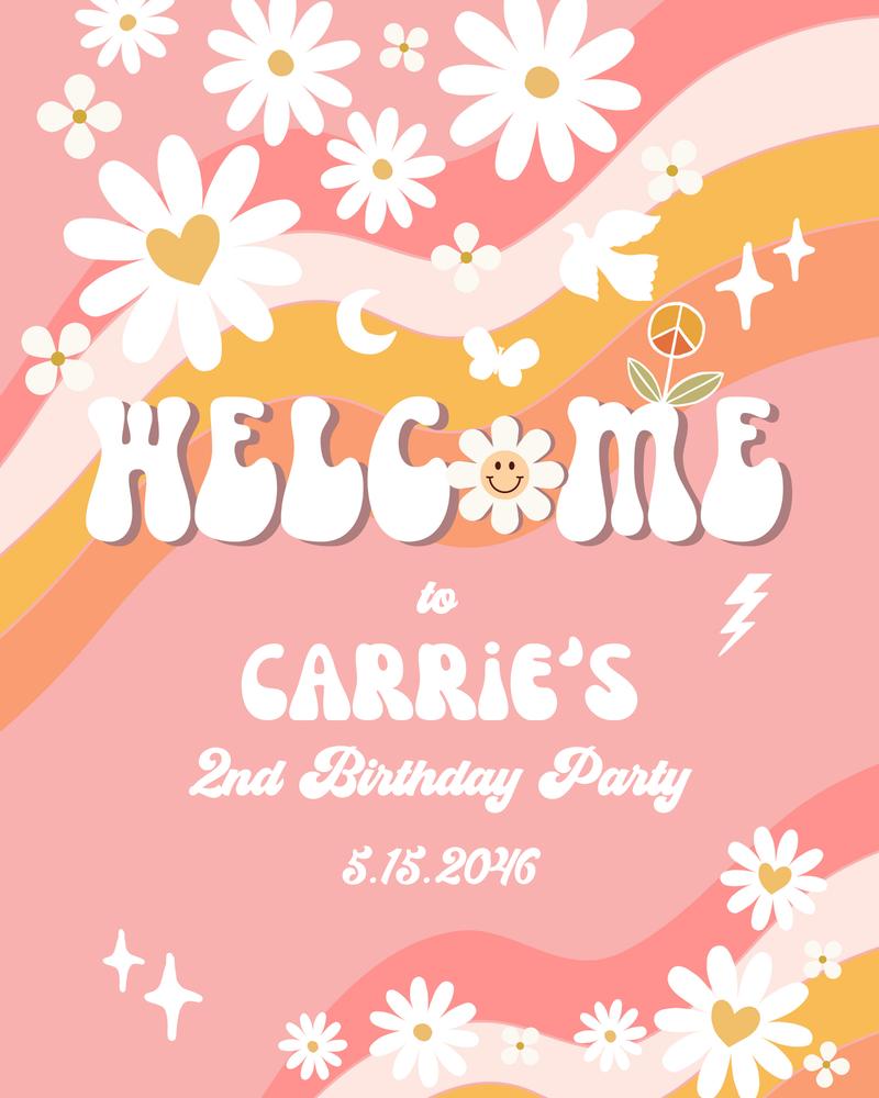 Editable Pink Peach Groovy Birthday Welcome Sign Template - Any Age Daisy